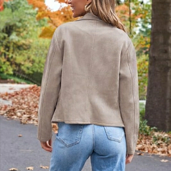 Women Faux Leather Cropped Open Front Coat Cardigan Style Jacket Tan - Picture 3 of 6